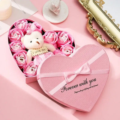 2/1pcs Valentines Day Gift 10 Flowers Soap Flower Gift Rose Box Bears Bouquet Wedding Decoration Gift Festival Heart-shaped Box