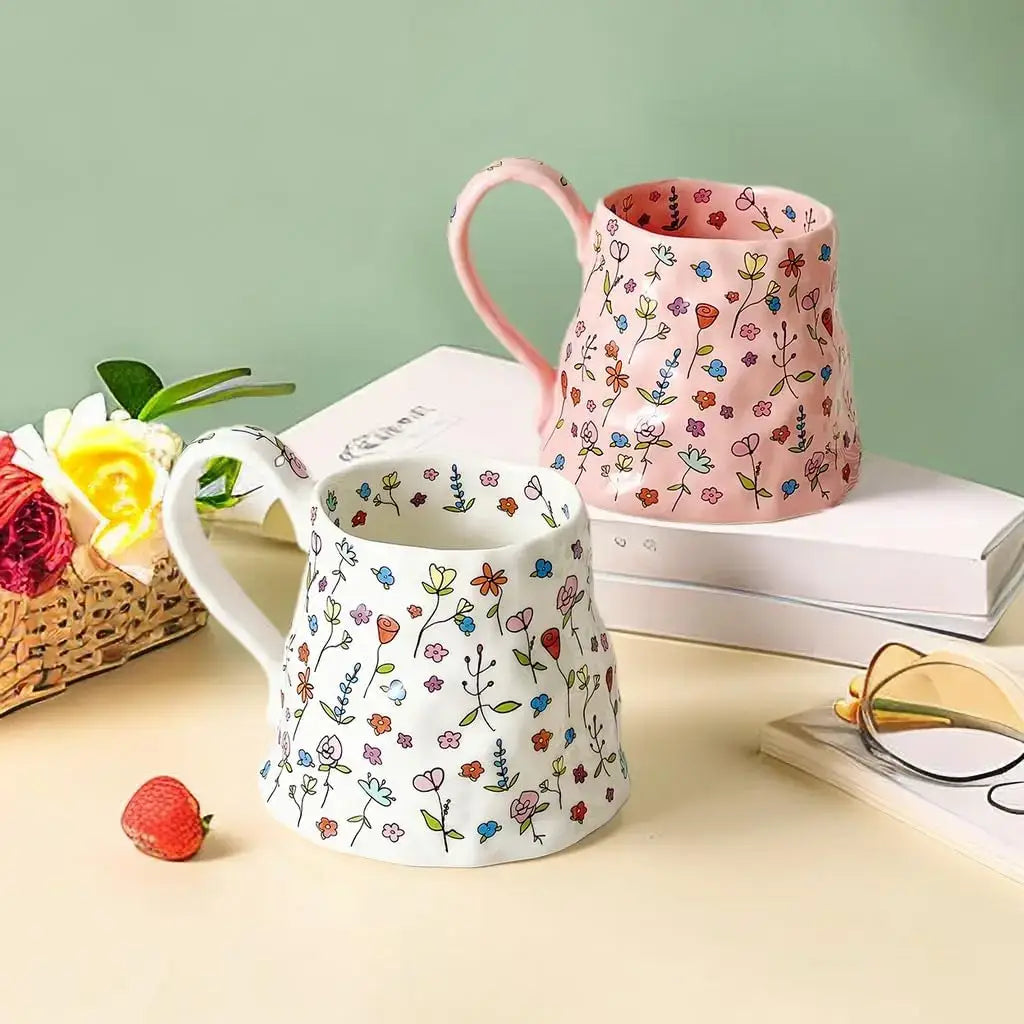 Ceramic Coffee Mug Cute Handmade Flowers Creative Mugs Design Printed Flowers Cup for Office and  18 oz/500 ml for Latte Tea Mil