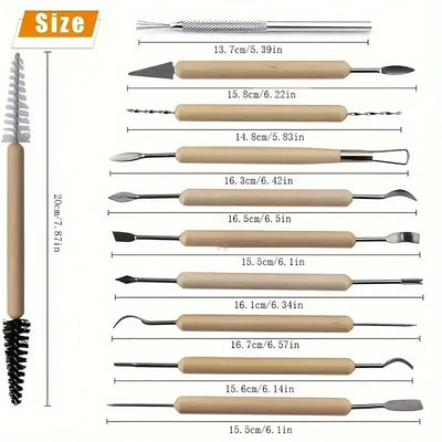 11pcs Pottery Clay Sculpting Modeling Tool Set, Double-Sided Ceramic Polymer Clay Carving Tools Kit With Smooth Wooden Handle