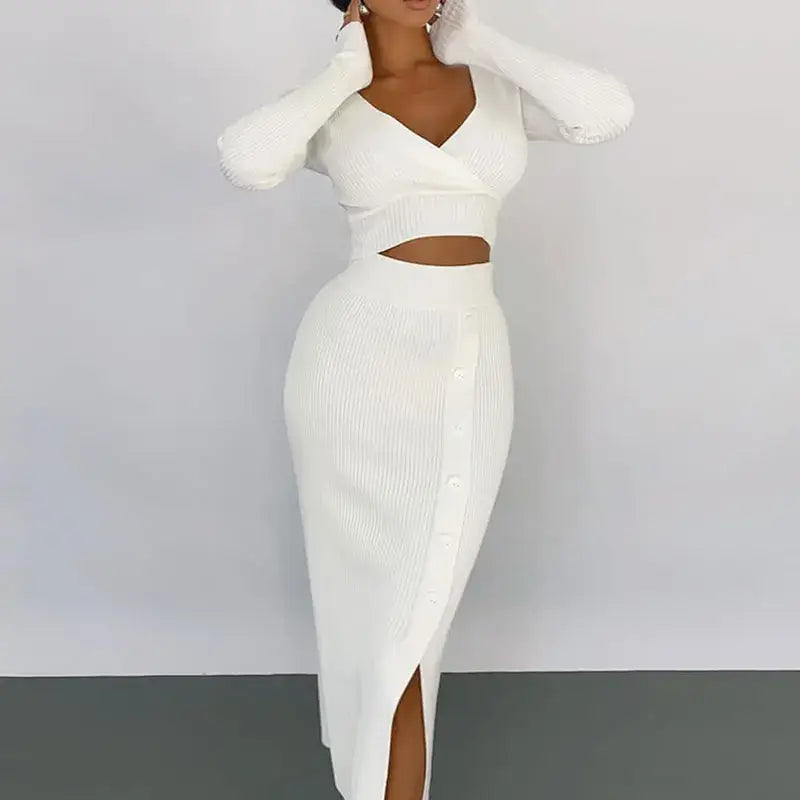 2022 Autumn Knitted V-Neck Crop Top Midi Skirts Sets Women Winter Long Sleeve T-Shirt 2 Piece Set Female Button Split Skirt Suit