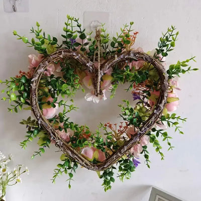 Valentines Wreath For Front Door Heart Shape Artificial Rose Flower Garland Silk Fake Peony Wedding Wall Hanging Decoration