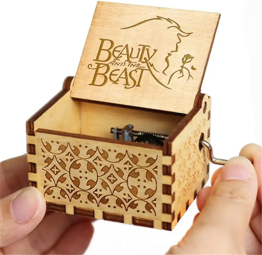 Wooden Music Box Beauty and Beast Hand Cranked Home Decoration Carved Musical Box Valentine's Day Birthday Gif