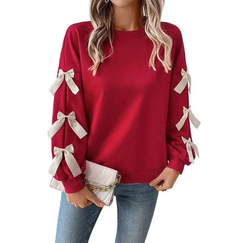 Ladies Fashion Street Hooded Sweatshirt 2025 Spring Autumn New Top Round Neck Bow Red Christmas Hoodie For Women Roupas Feminina