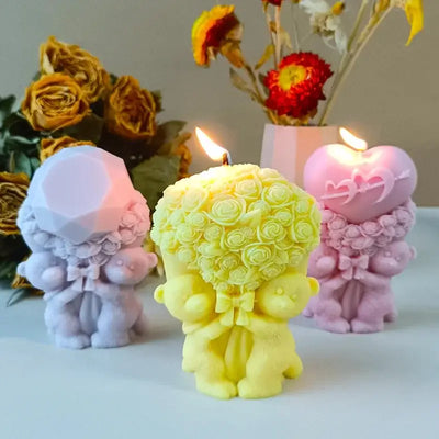 Rose Bear Heart Mold Bouquet Flower Valentine'day DIY Mold Heart Shape Silicone Candle Mould