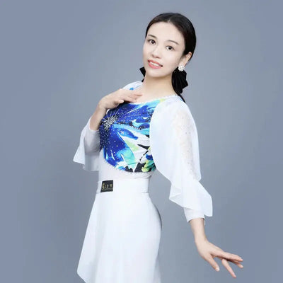 New Women's Ballroom Dance Jumpsuit Adult Round Neck Rumba Performance Clothes Latin Dance Practice Ruffle Sleeve Tops XH422