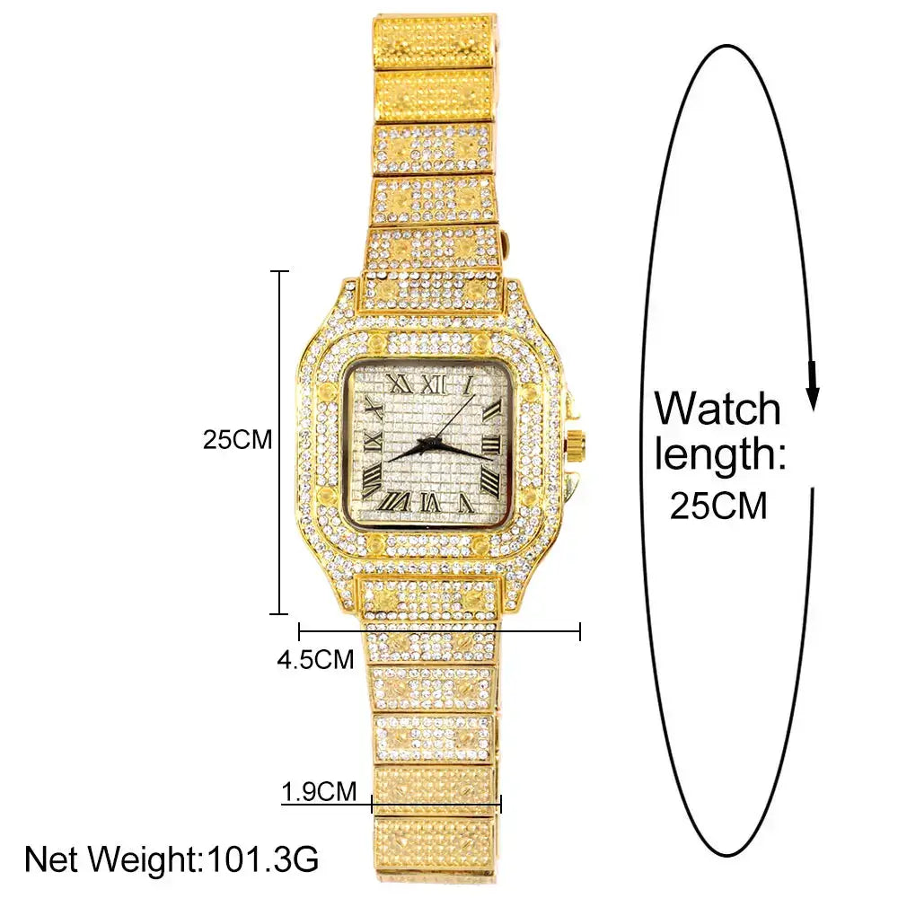 2022 New Iced Out Women Watch Gold Silver Color Square Diamondd Quartz Luxury Hip Hop Wrist Watches Roman Clock Relogio Feminino