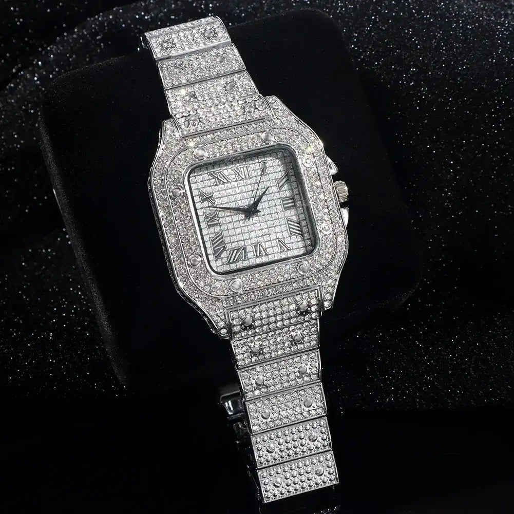 2022 New Iced Out Women Watch Gold Silver Color Square Diamondd Quartz Luxury Hip Hop Wrist Watches Roman Clock Relogio Feminino