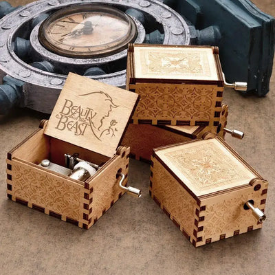 Wooden Music Box Beauty and Beast Hand Cranked Home Decoration Carved Musical Box Valentine's Day Birthday Gif