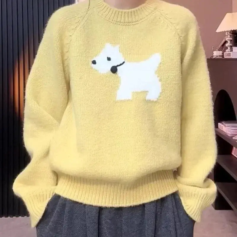 Dog Embroidery Ropa Mujer 2025 Woman Sweater Simple Knitted Outerwears Round Neck Pullovers Winter Long Sleeve Clothes Women