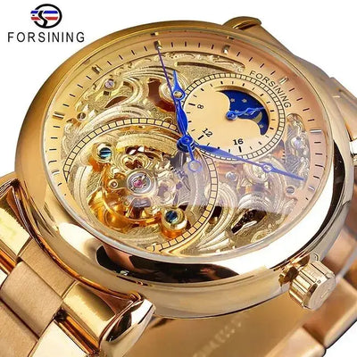 Forsining 2019 White Golden Skeleton Wrist Watches Blue Hands Silver Stainless Steel Men Mechanical Watch Waterproof Design