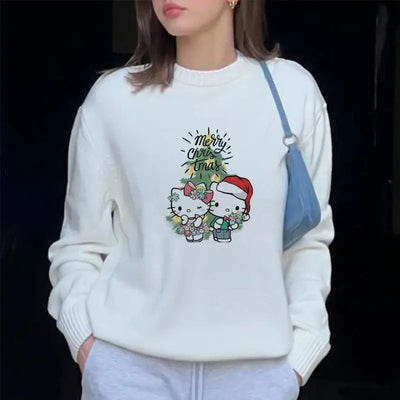 Sanrio Hello Kitty Print Knitted Pullovers For Female Round Neck Kawaii Anime Harajuku Knitwear Clothes 2000s Top Women Pullover