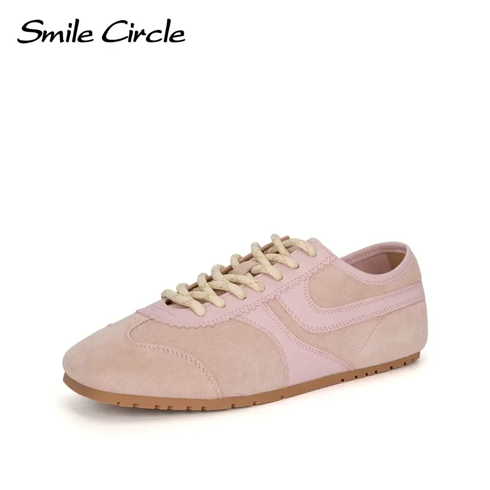 Smile Circle Sneakers Women Suede Leather Trainers Round-toe Flat Shoes Fashion Casual Sneakers