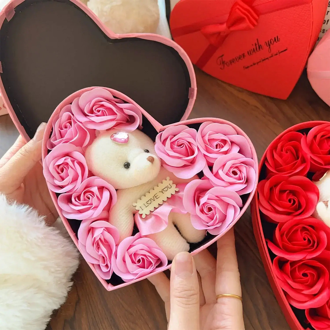 2/1pcs Valentines Day Gift 10 Flowers Soap Flower Gift Rose Box Bears Bouquet Wedding Decoration Gift Festival Heart-shaped Box