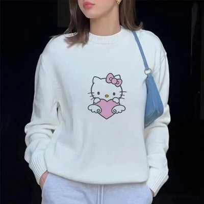 Sanrio Hello Kitty Print Knitted Pullovers For Female Round Neck Kawaii Anime Harajuku Knitwear Clothes 2000s Top Women Pullover