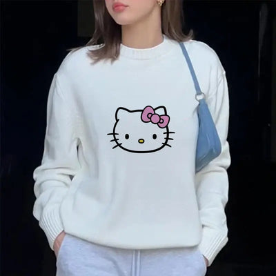 Sanrio Hello Kitty Print Knitted Pullovers For Female Round Neck Kawaii Anime Harajuku Knitwear Clothes 2000s Top Women Pullover