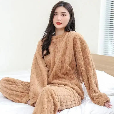 Winter New Plush Thickened Home Clothes for Female Winter Coral Velvet Fairy Jacquard Warm Pants Loose Fried Dough Twists Suit