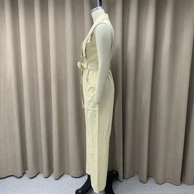 Jumpsuit Women Autumn Fashion Polo Neck V Neck Sleeveless Solid Nipped Waist Lace Up Wide Leg Long Pants Rompers Streetwear