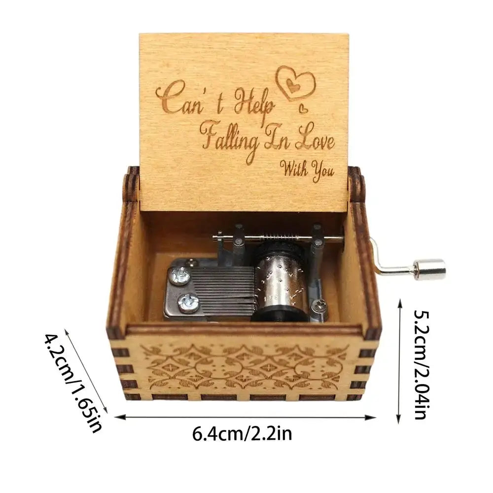 2024 Wooden Engraving Vintage Music Box Hand-Cranked Music Box Girlfriend Wife Can't Help Falling In Love Birthday Presents Gift