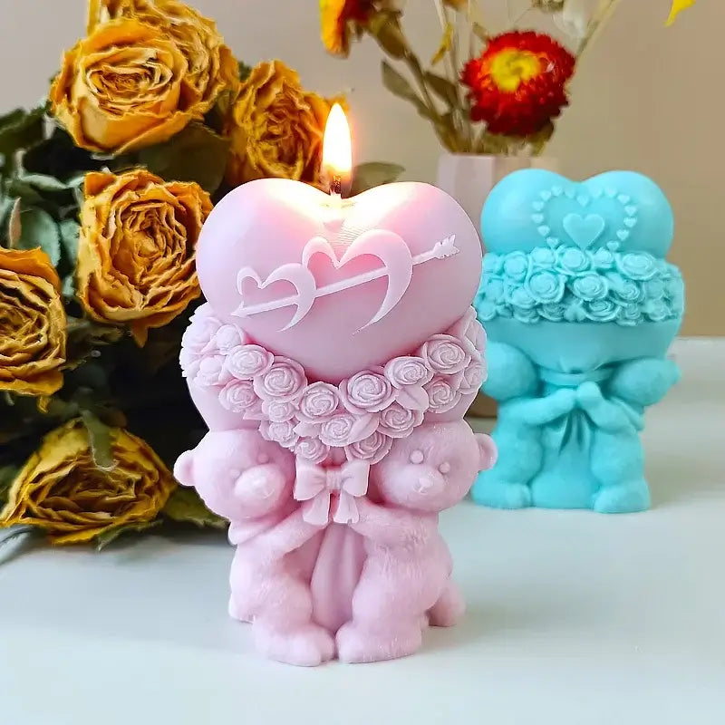 Rose Bear Heart Mold Bouquet Flower Valentine'day DIY Mold Heart Shape Silicone Candle Mould