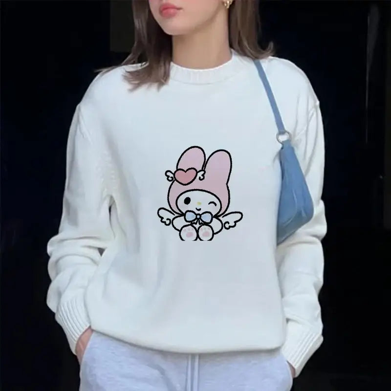 Sanrio Hello Kitty Print Knitted Pullovers For Female Round Neck Kawaii Anime Harajuku Knitwear Clothes 2000s Top Women Pullover