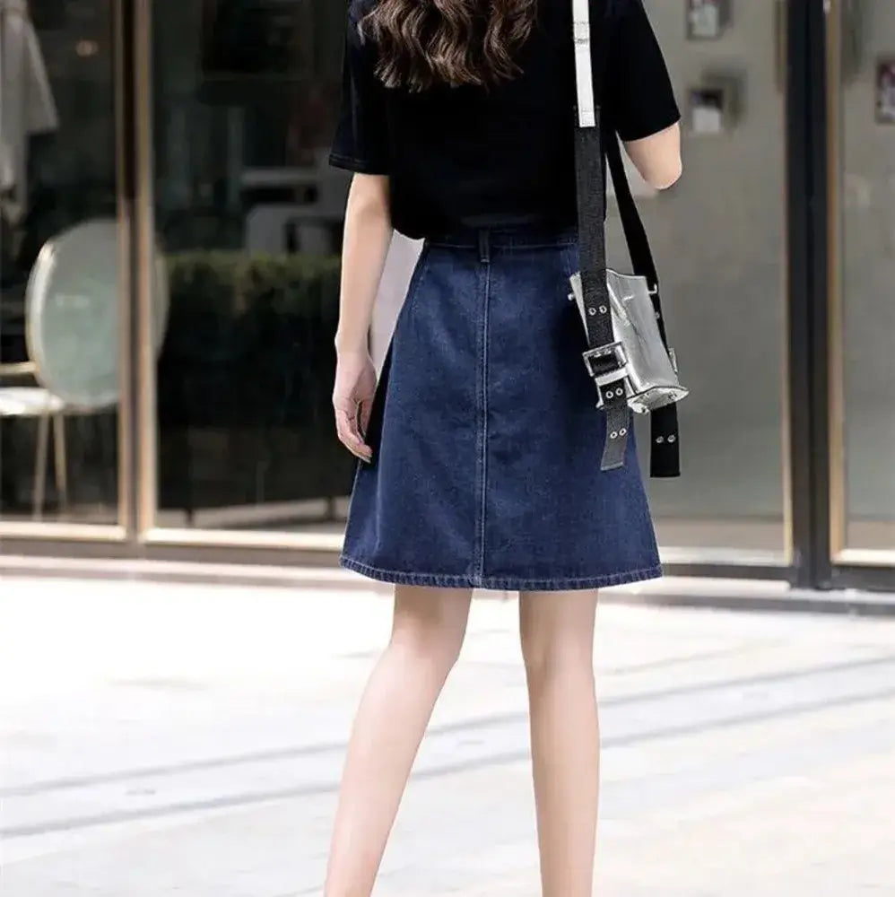 Women's Split Midi Skirt With High Waist Fashion A Shape Slimmer Bust Skirt 2024 Summer New Item Plus Jeans School Girl Uniform