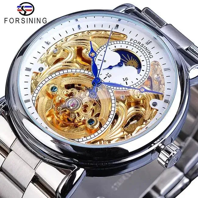 Forsining 2019 White Golden Skeleton Wrist Watches Blue Hands Silver Stainless Steel Men Mechanical Watch Waterproof Design