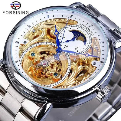 Forsining 2019 White Golden Skeleton Wrist Watches Blue Hands Silver Stainless Steel Men Mechanical Watch Waterproof Design