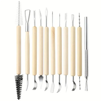 11pcs Pottery Clay Sculpting Modeling Tool Set, Double-Sided Ceramic Polymer Clay Carving Tools Kit With Smooth Wooden Handle