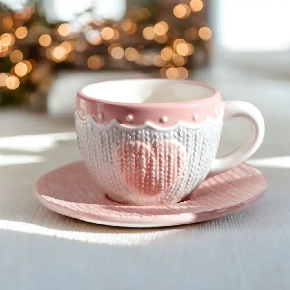 Charming Adorable Cute Pink Wool Knitting Mug Set - Lovely Kawaii Design Ceramic Tea Cup with Bowknot, 250ml Microwave-Safe Coff