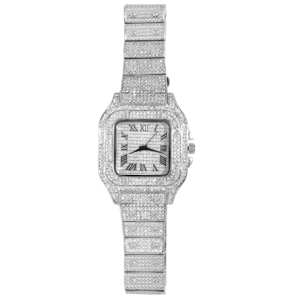 2022 New Iced Out Women Watch Gold Silver Color Square Diamondd Quartz Luxury Hip Hop Wrist Watches Roman Clock Relogio Feminino