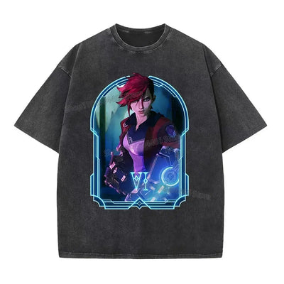 Arcane T Shirt for Men,Women 230g 100%Cotton Washed Shirt Jinx Arcane Retro T-shirt Y2k Clothes Oversize Shirts Trendy Clothes