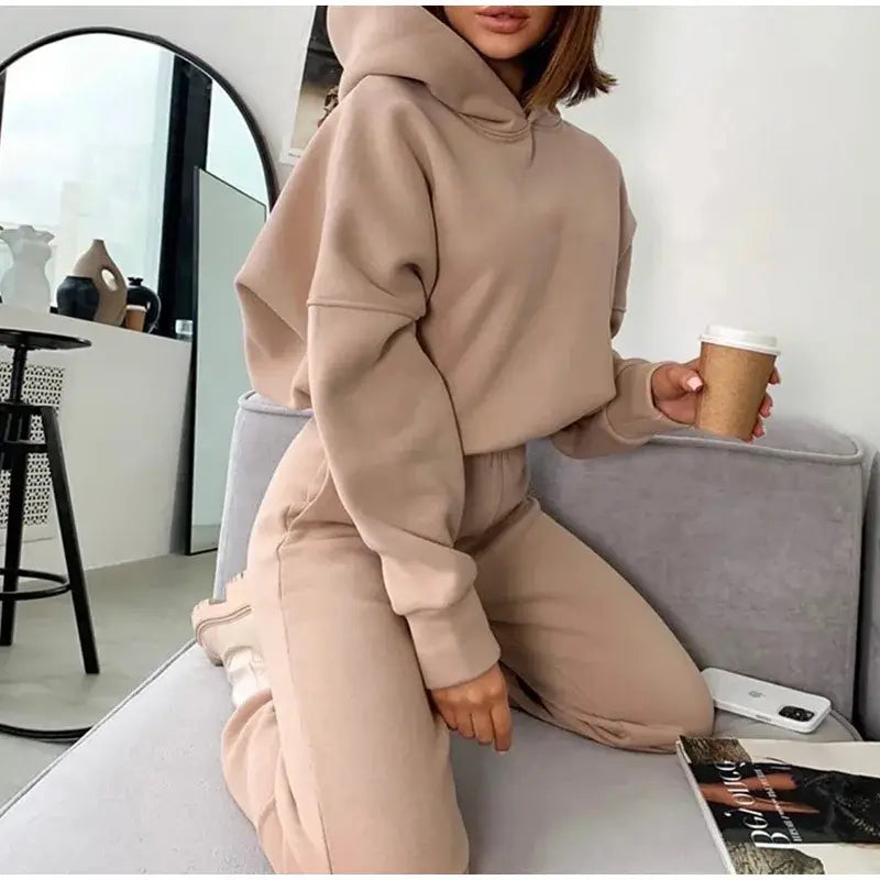 Pullover Hooded Tracksuit Women Two Pieces Pant Sets Sweatshirts Pockets Pants Suit Thick Elastic Waist Spliced Sporty Autumn