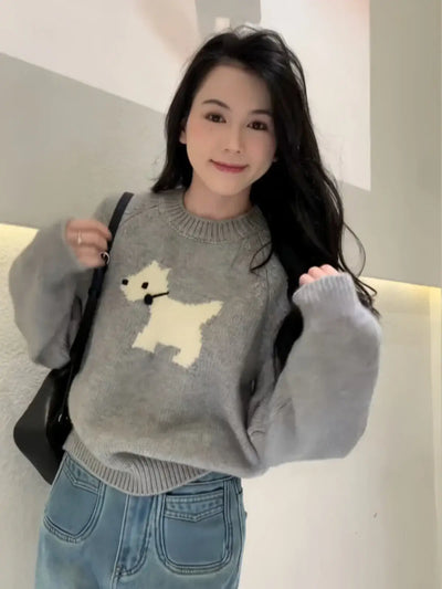 Dog Embroidery Ropa Mujer 2025 Woman Sweater Simple Knitted Outerwears Round Neck Pullovers Winter Long Sleeve Clothes Women