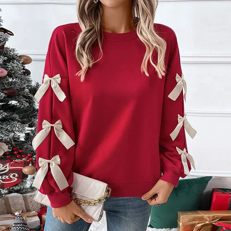 Ladies Fashion Street Hooded Sweatshirt 2025 Spring Autumn New Top Round Neck Bow Red Christmas Hoodie For Women Roupas Feminina