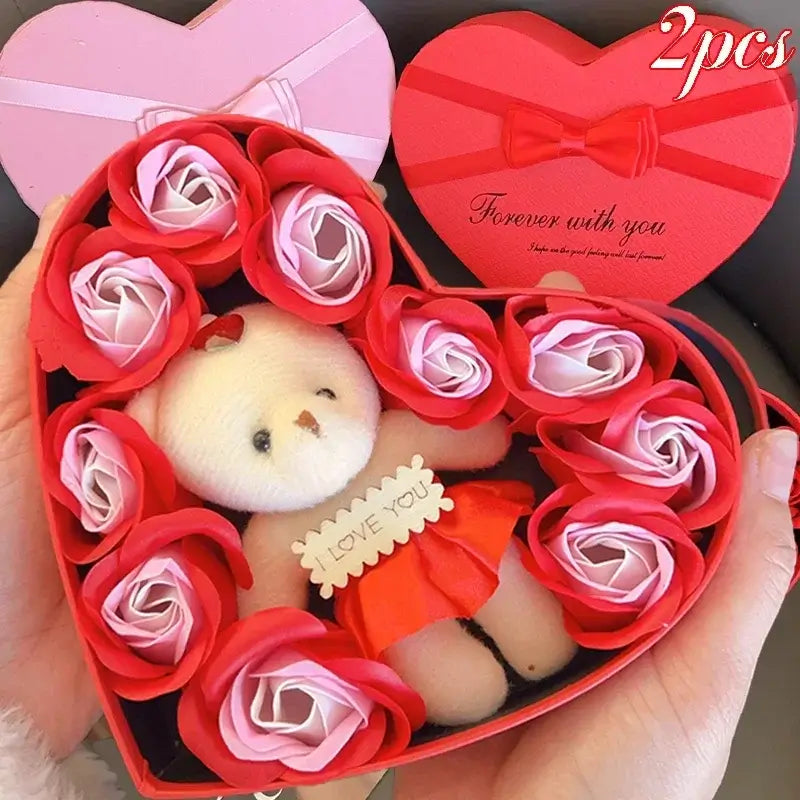 2/1pcs Valentines Day Gift 10 Flowers Soap Flower Gift Rose Box Bears Bouquet Wedding Decoration Gift Festival Heart-shaped Box