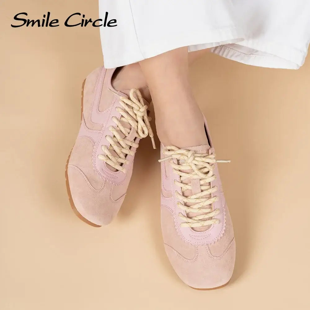 Smile Circle Sneakers Women Suede Leather Trainers Round-toe Flat Shoes Fashion Casual Sneakers