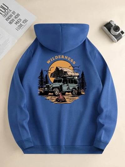 Men's new fashion hoodie, casual daily drawstring hooded sweatshirt motorcycle print, front kangaroo pocket, men's jacket