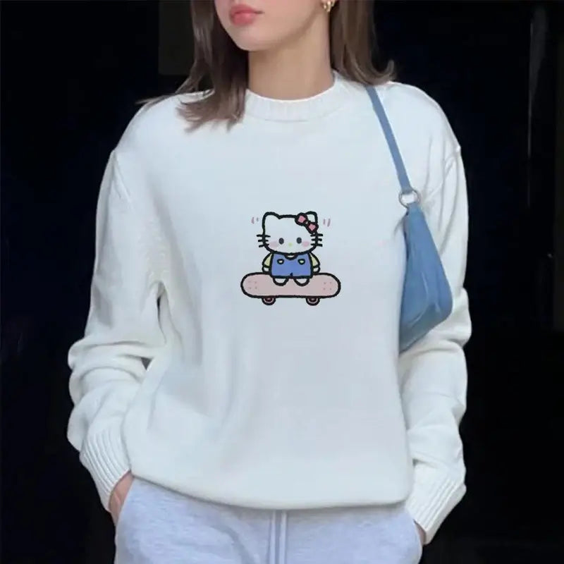 Sanrio Hello Kitty Print Knitted Pullovers For Female Round Neck Kawaii Anime Harajuku Knitwear Clothes 2000s Top Women Pullover