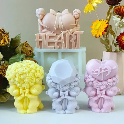 Rose Bear Heart Mold Bouquet Flower Valentine'day DIY Mold Heart Shape Silicone Candle Mould