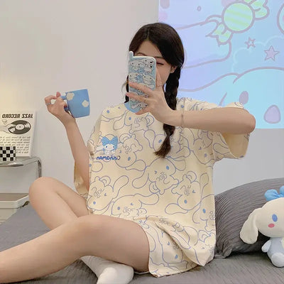 Pajamas Women's Summer Short-Sleeved Pure Thin Korean version Lovely Home Clothes Two-piece Suit Summer