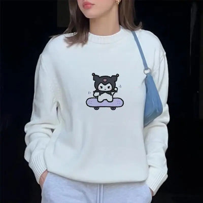 Sanrio Hello Kitty Print Knitted Pullovers For Female Round Neck Kawaii Anime Harajuku Knitwear Clothes 2000s Top Women Pullover