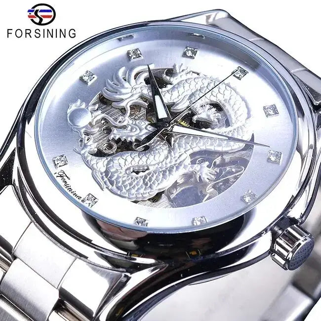 Forsining Classic Dragon Design Silver Stainless Steel Diamond Display Men Automatic Wrist Watches Top Brand Luxury Montre Homme