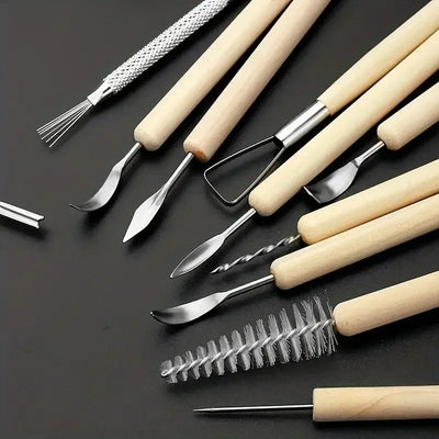 11pcs Pottery Clay Sculpting Modeling Tool Set, Double-Sided Ceramic Polymer Clay Carving Tools Kit With Smooth Wooden Handle