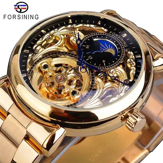 Forsining 2019 White Golden Skeleton Wrist Watches Blue Hands Silver Stainless Steel Men Mechanical Watch Waterproof Design