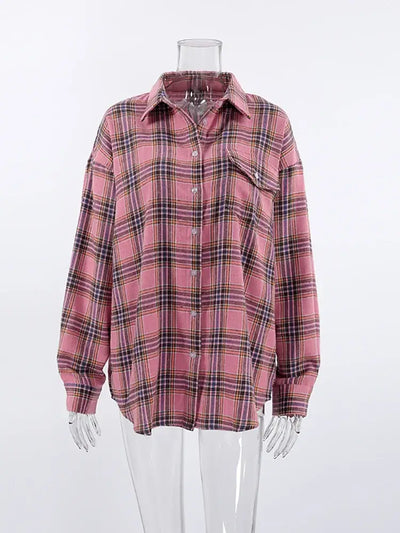 Mnealways18 Pink Plaid Shirts And Tops Women Street Wear Gingham Casual Long Sleeve Top Single-Breasted Oversize Shirt Ladies