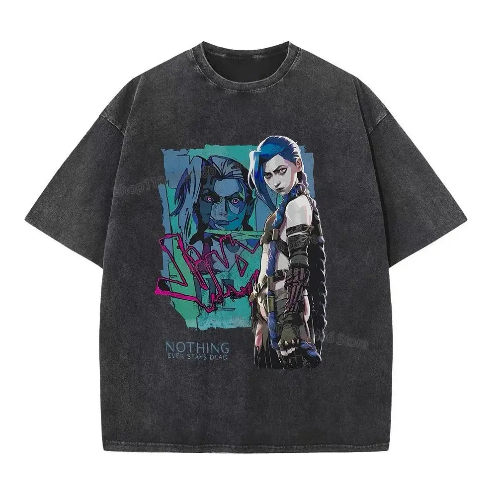 Arcane T Shirt for Men,Women 230g 100%Cotton Washed Shirt Jinx Arcane Retro T-shirt Y2k Clothes Oversize Shirts Trendy Clothes