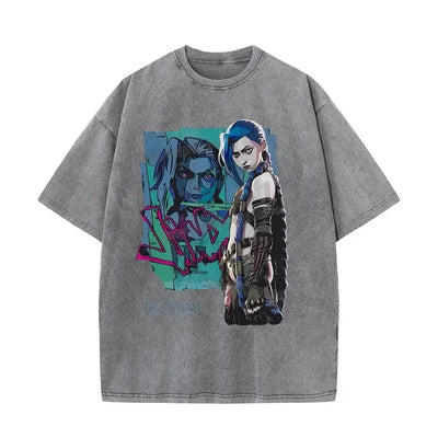 Arcane T Shirt for Men,Women 230g 100%Cotton Washed Shirt Jinx Arcane Retro T-shirt Y2k Clothes Oversize Shirts Trendy Clothes