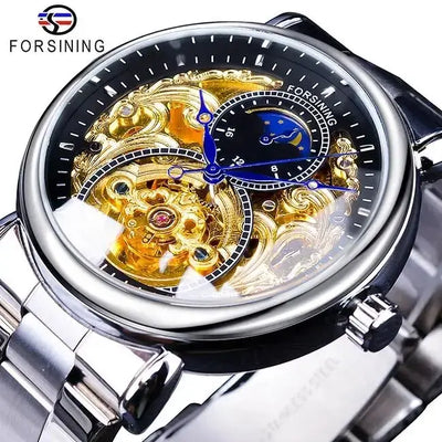 Forsining 2019 White Golden Skeleton Wrist Watches Blue Hands Silver Stainless Steel Men Mechanical Watch Waterproof Design