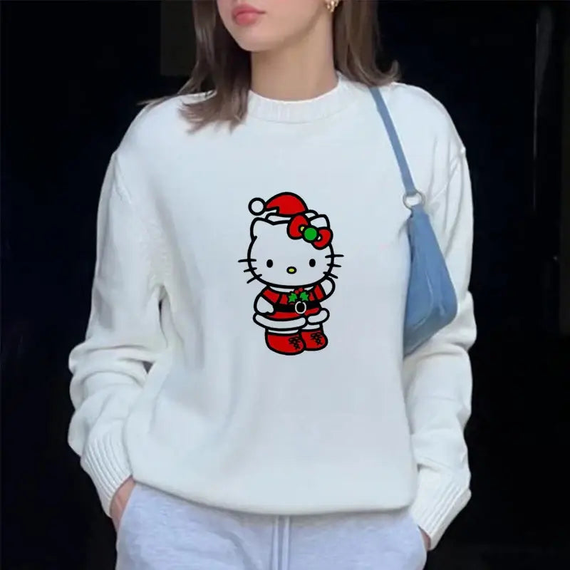 Sanrio Hello Kitty Print Knitted Pullovers For Female Round Neck Kawaii Anime Harajuku Knitwear Clothes 2000s Top Women Pullover