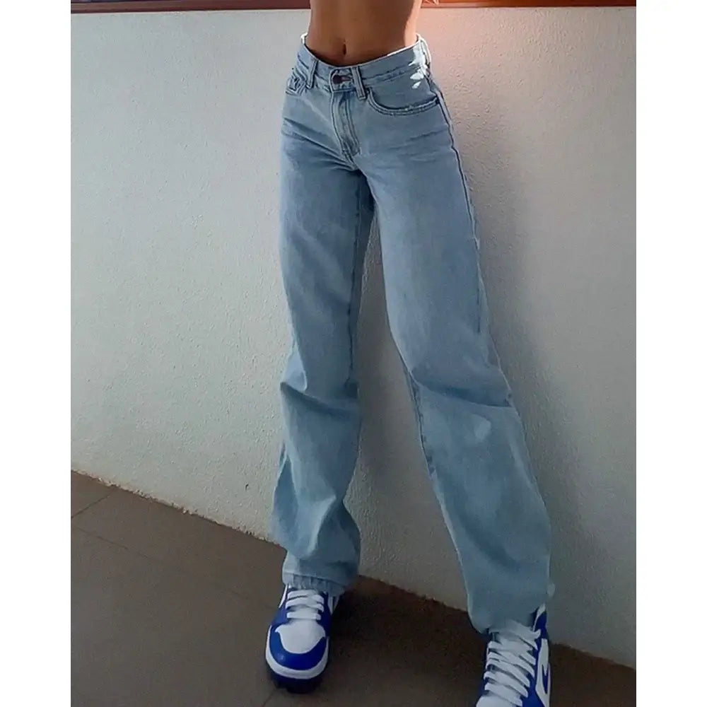 Women High Waist Hollow Out Design Blue Jeans Female Casual Washed Denim Vintage Pants Summer Lady Button Long Trouses y2k